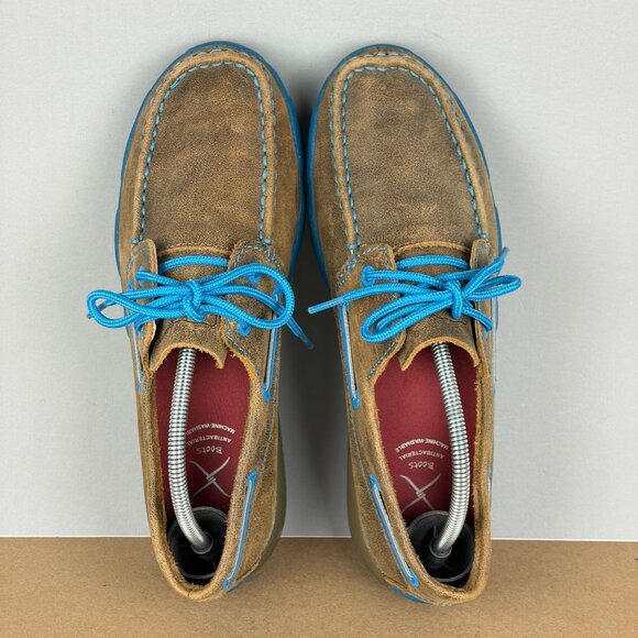 Twisted X Leather Driving Moc Lace Up Loafers Womens 8 Brown Blue Low Top - Picture 9 of 10